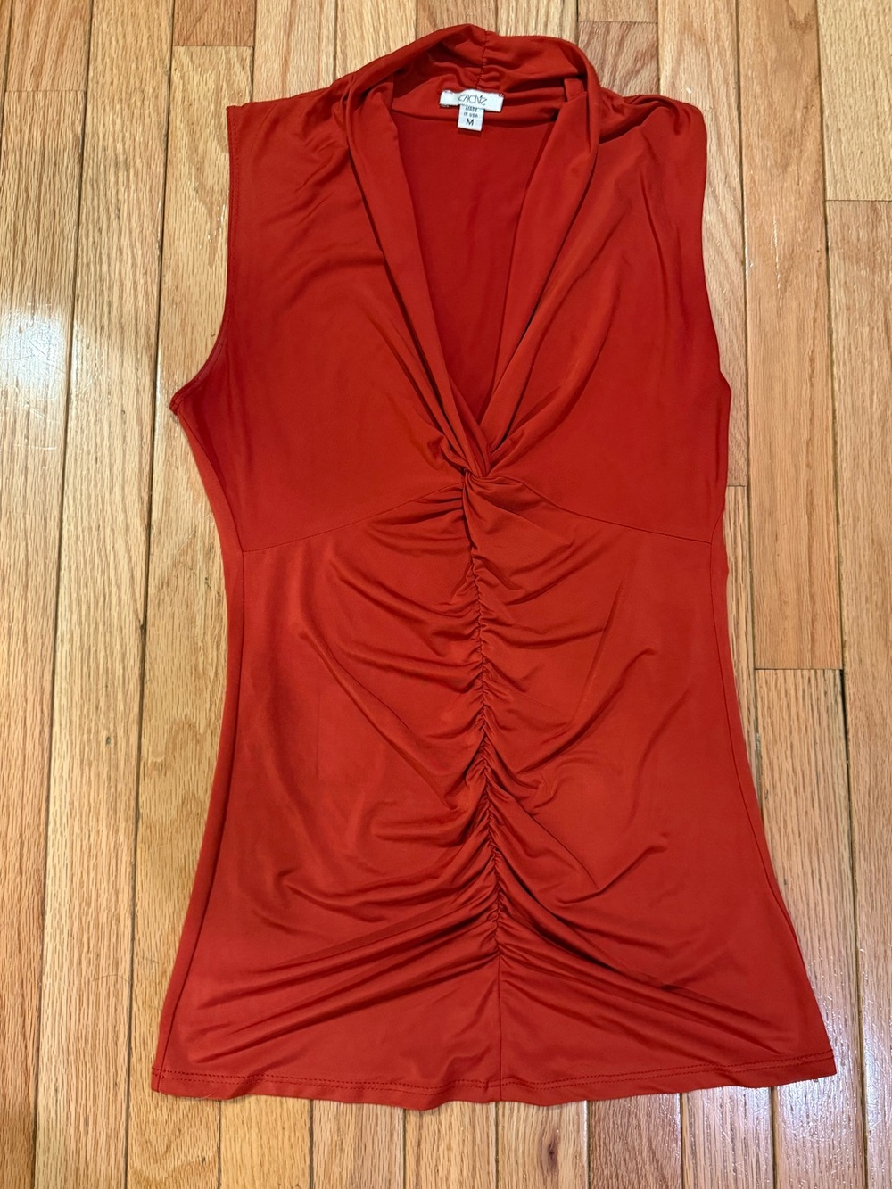 Sleeveless Ruched V-Neck Top in Brick Red Rust  90s Size M - Picture 2 of 6
